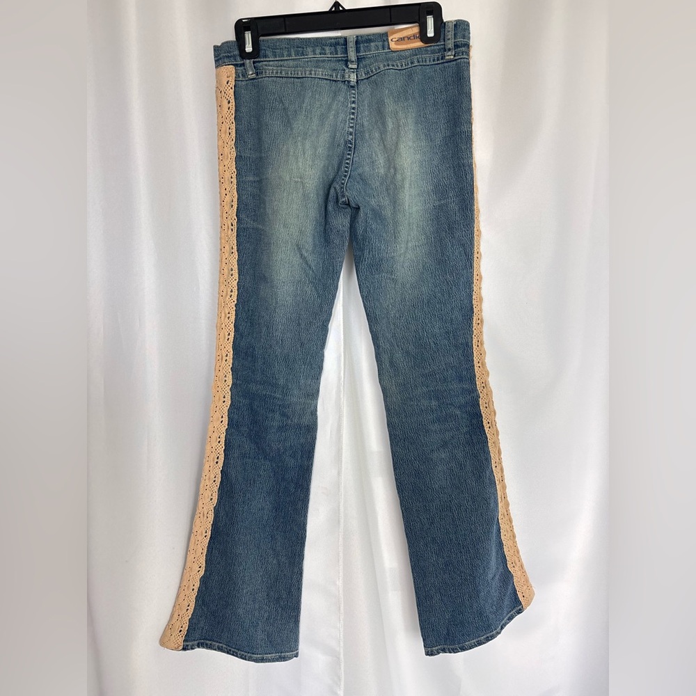 Vintage Candie’s Y2K Low Rise Flare Jeans Crochet Lace Side Boho Festival Denim
